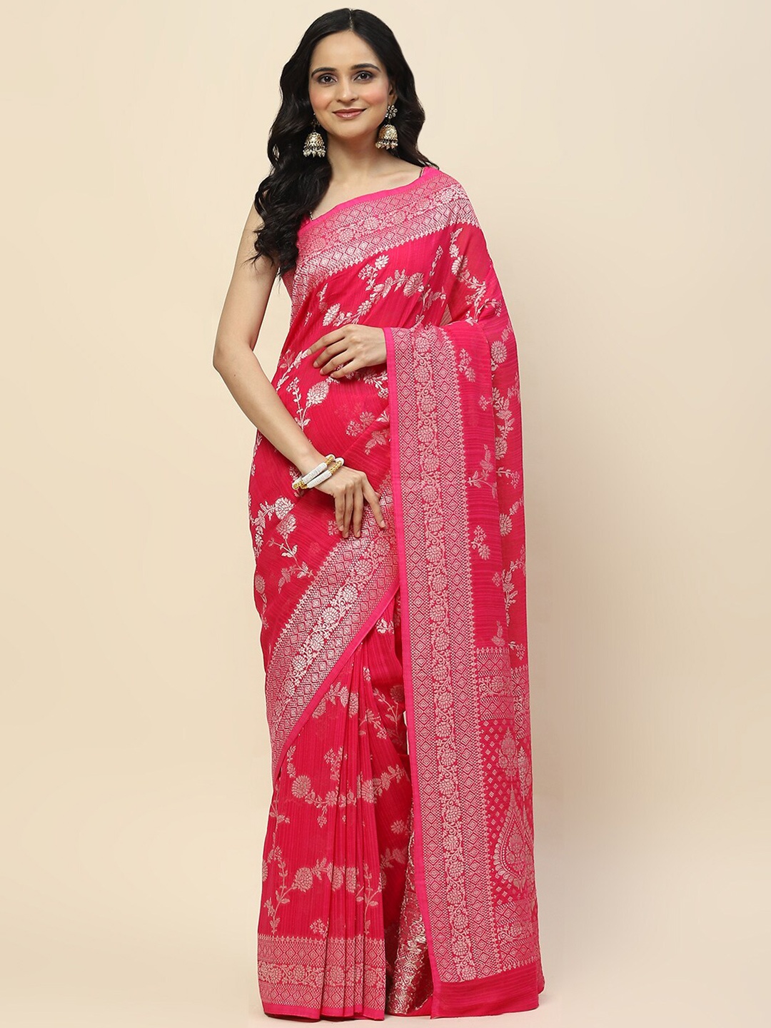 

Meena Bazaar Ethnic Motifs Zari Poly Georgette Saree, Pink