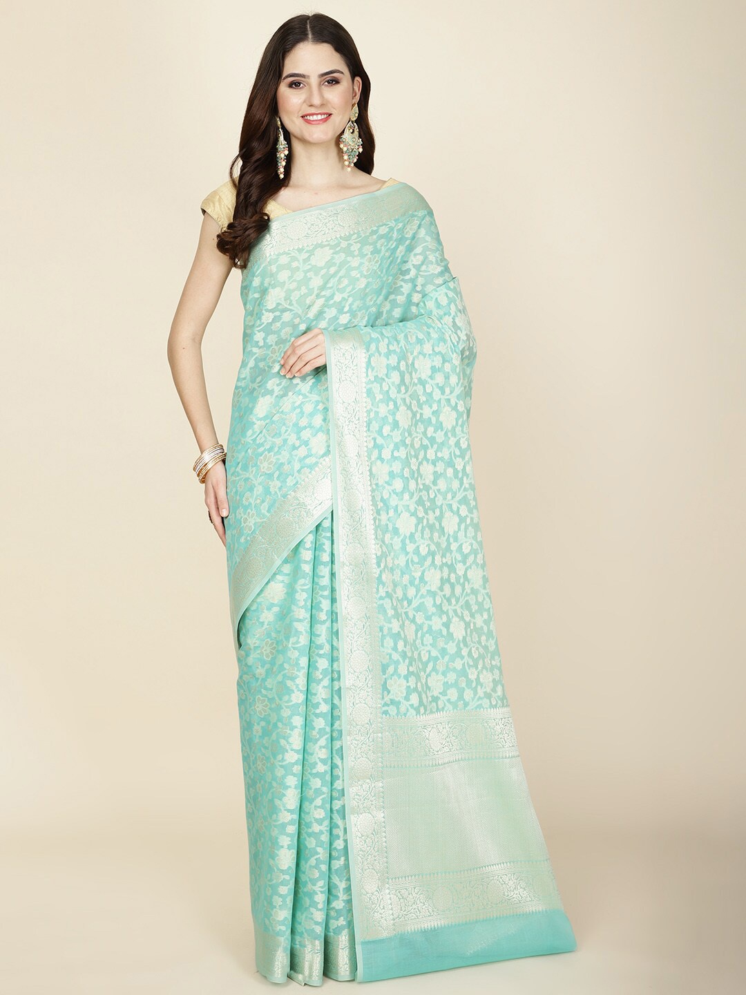 

Meena Bazaar Woven Design Zari Saree, Sea green
