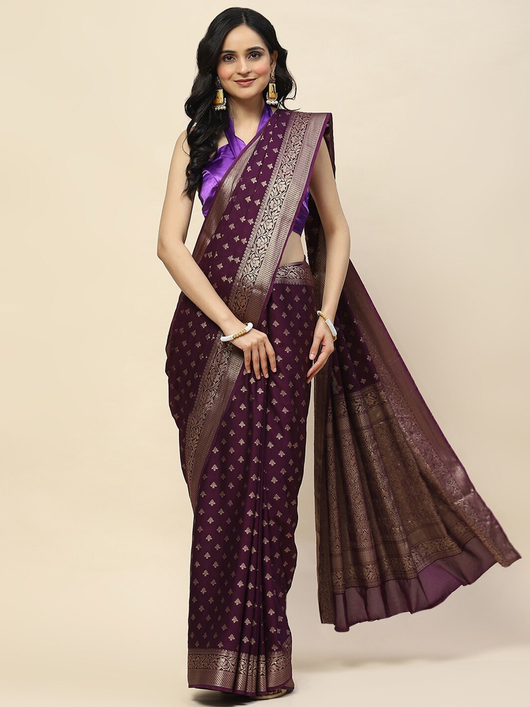 

Meena Bazaar Ethnic Motifs Zari Satin Saree, Purple
