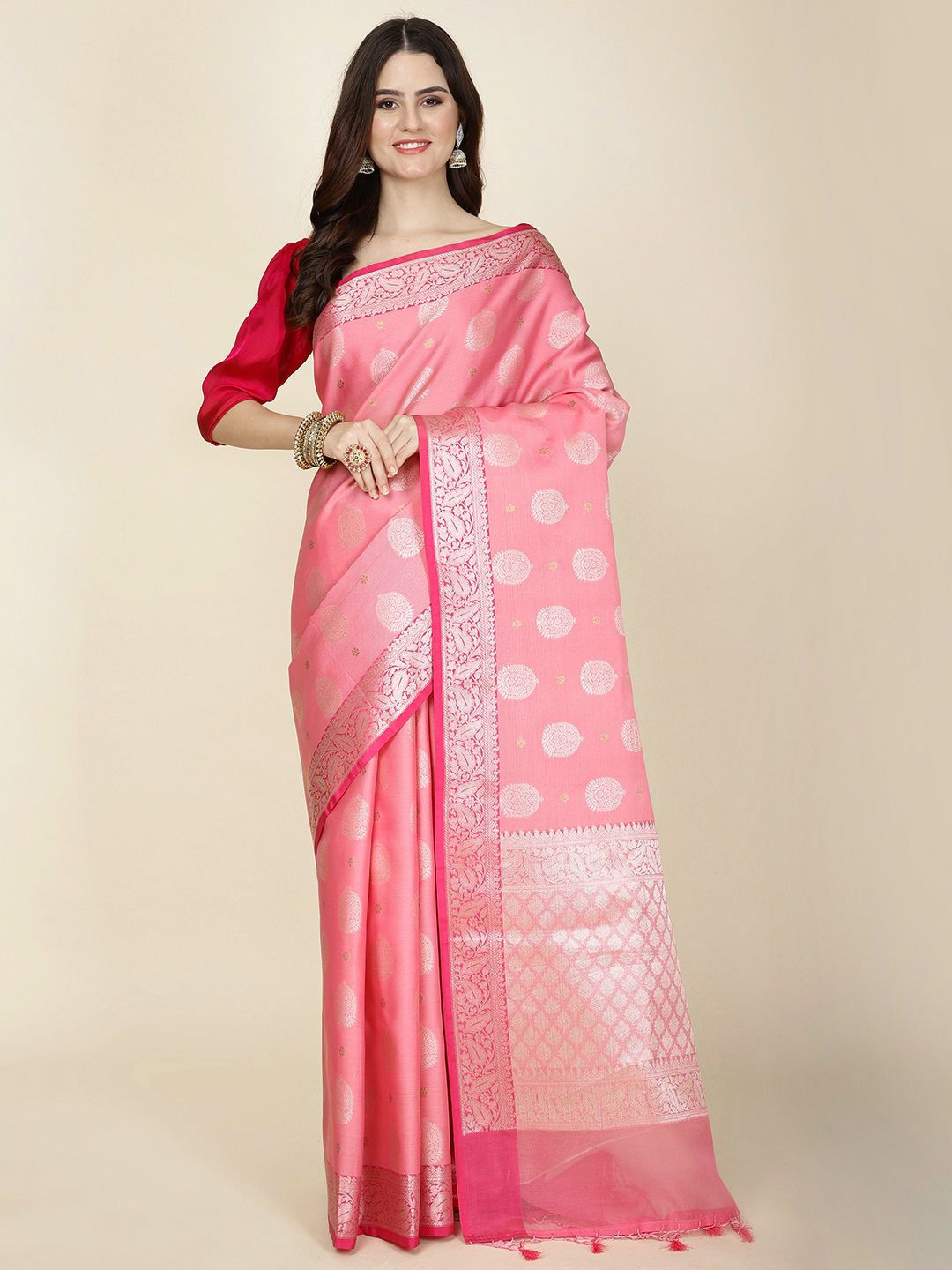 

Meena Bazaar Ethnic Motifs Cotton Zari Saree, Pink