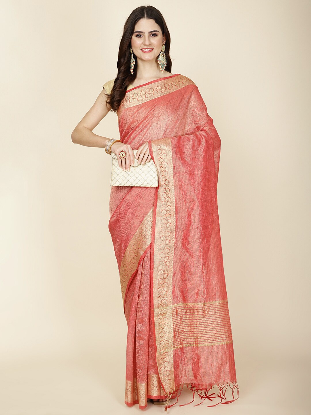 

Meena Bazaar Solid Cotton Blend Zari Saree, Pink