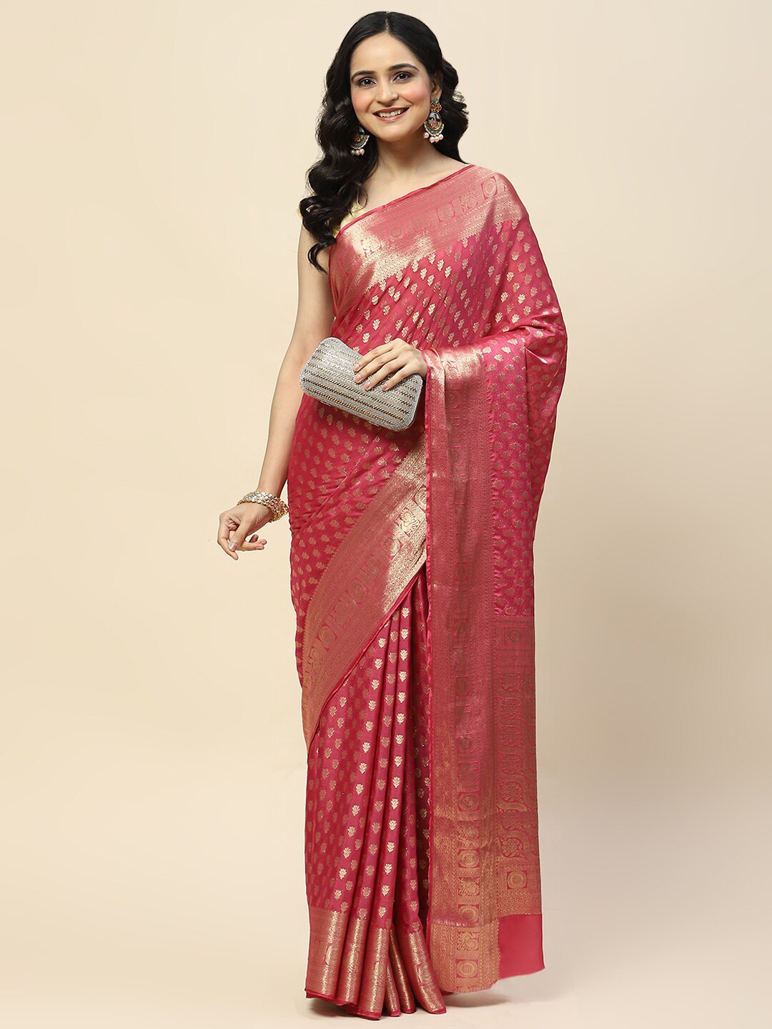 

Meena Bazaar Floral Zari Poly Crepe Saree, Pink