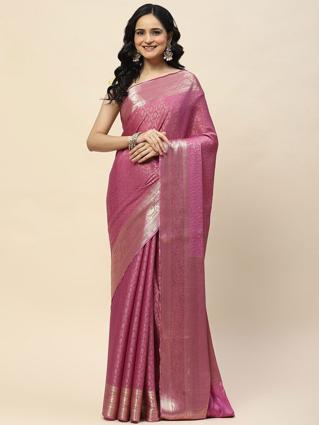 

Meena Bazaar Woven Design Zari Poly Georgette Saree, Pink