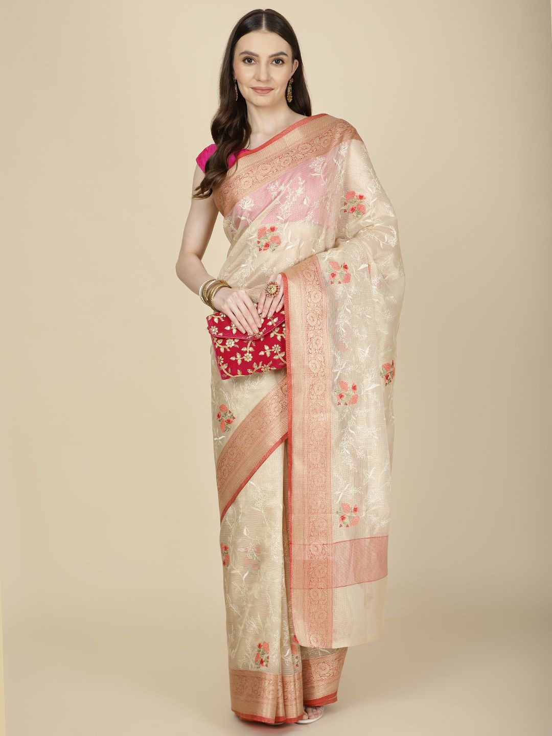 

Meena Bazaar Embroidered Floral Zari Saree, Beige