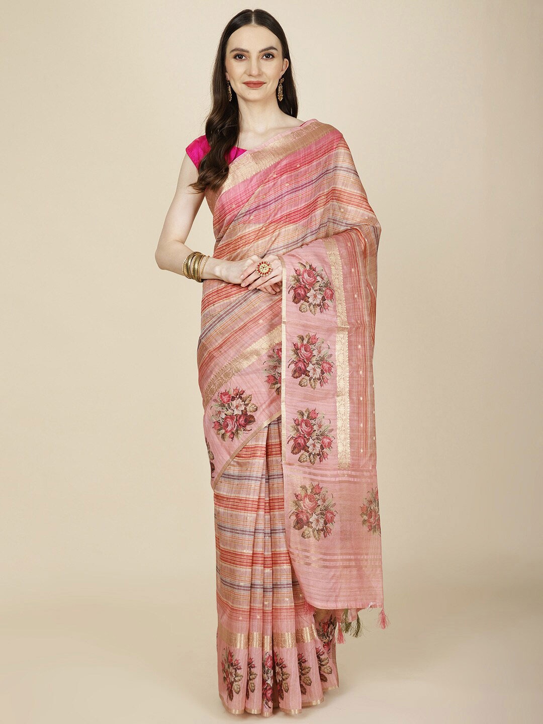 

Meena Bazaar Floral Zari Saree With Blouse Piece, Pink