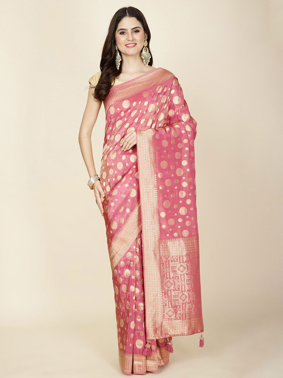 

Meena Bazaar Ethnic Motifs Zari Organza Saree, Magenta