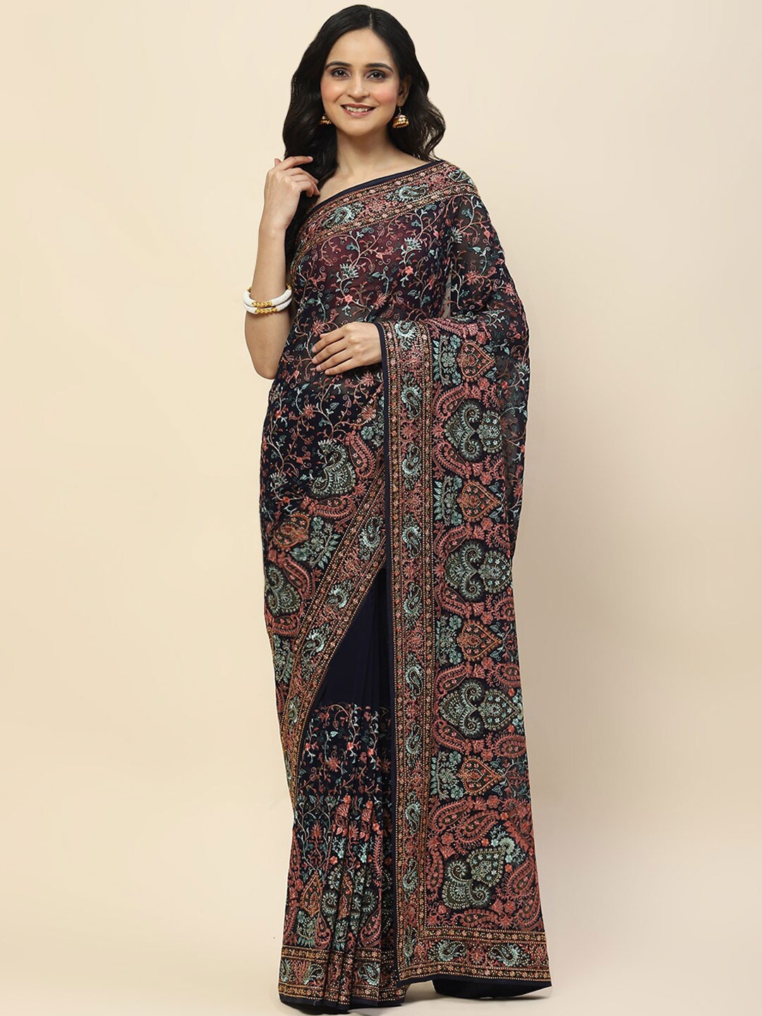 

Meena Bazaar Floral Embroidered Poly Georgette Saree, Navy blue