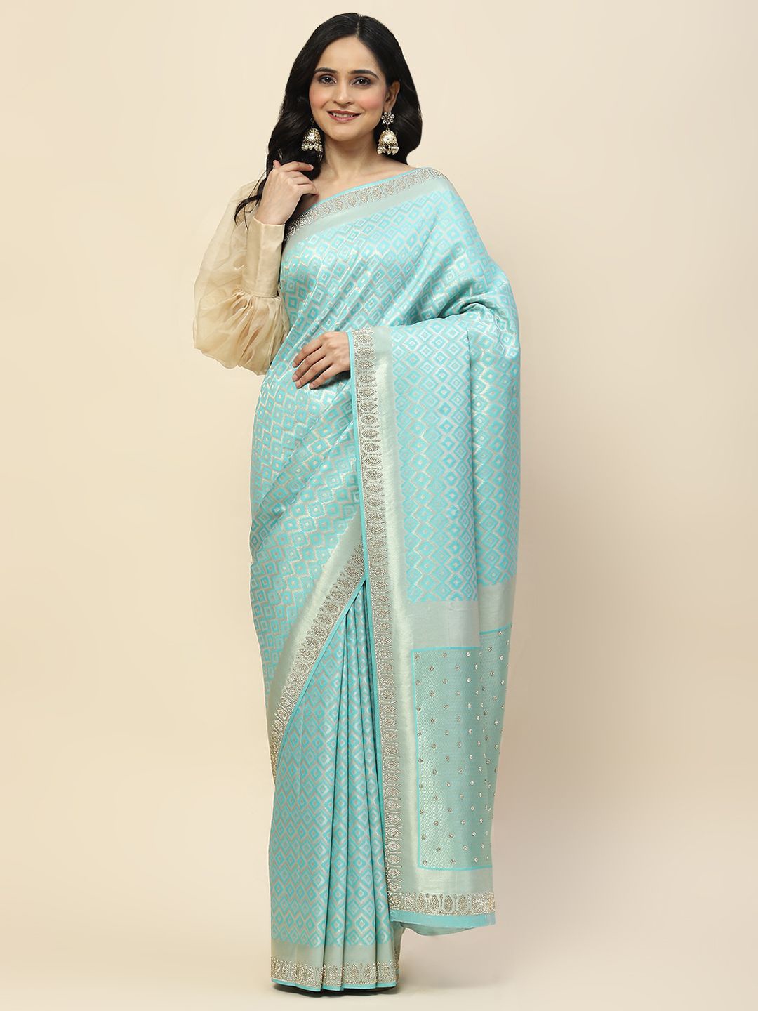 

Meena Bazaar Woven Design Zari Art Silk Banarasi Saree, Sea green