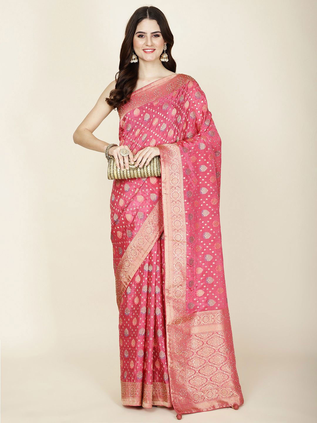 

Meena Bazaar Ethnic Motifs Zari Organza Saree, Magenta