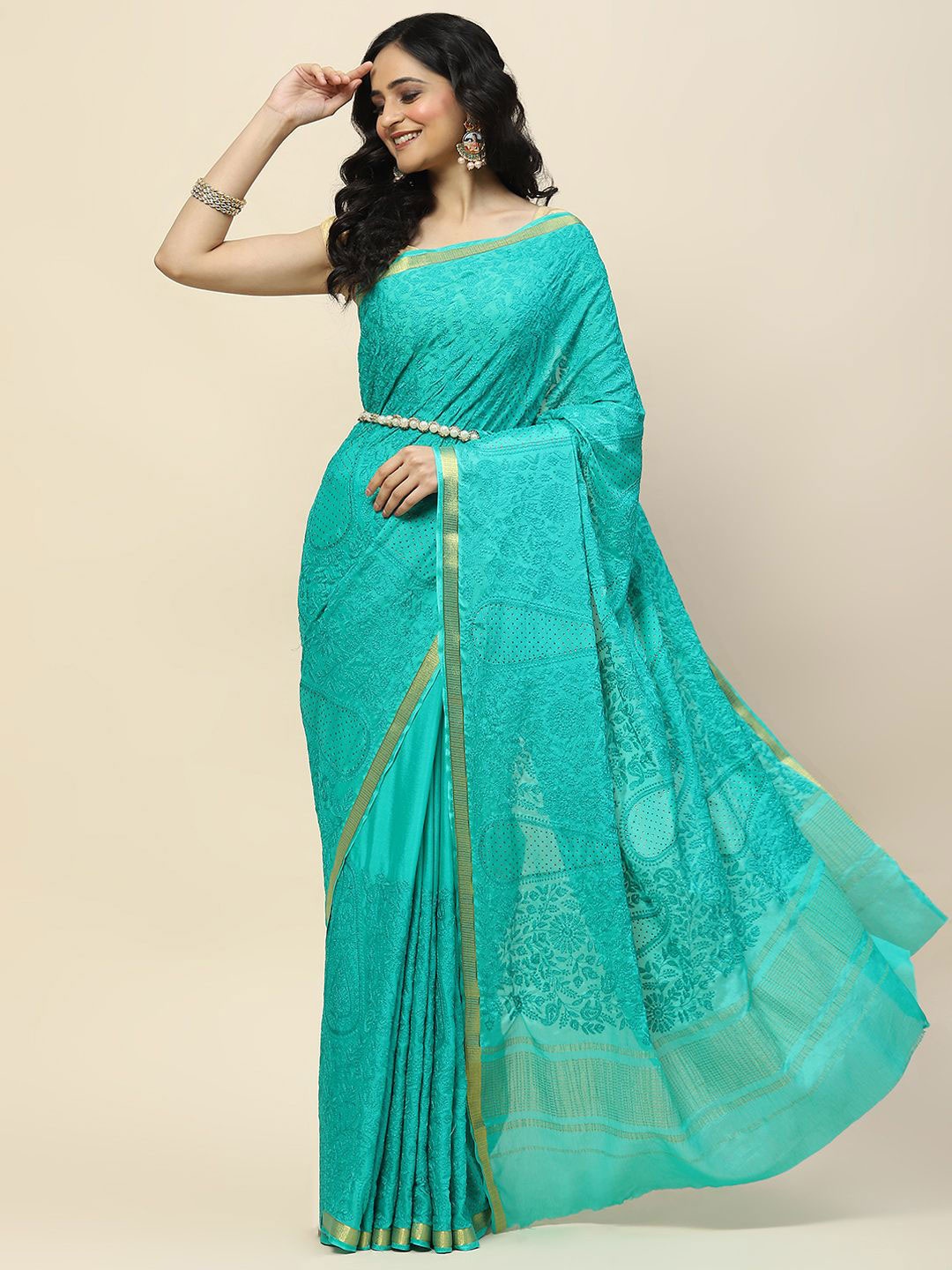 

Meena Bazaar Floral Beads and Stones Poly Chiffon Saree, Sea green