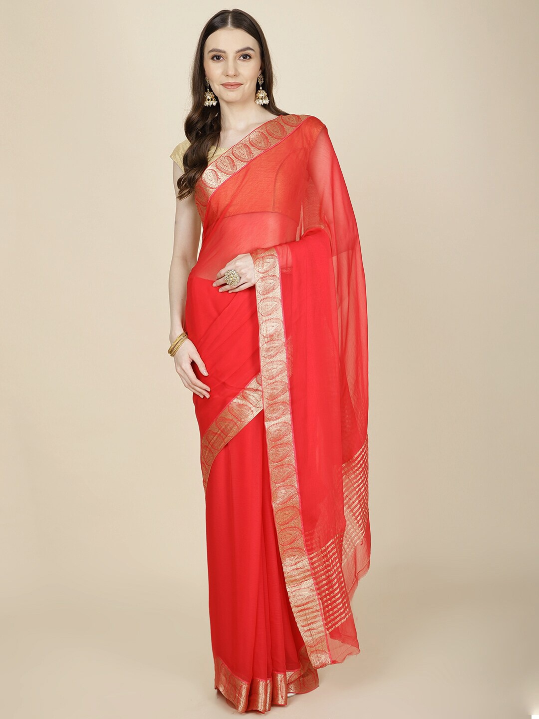 

Meena Bazaar Zari Poly Chiffon Saree, Pink
