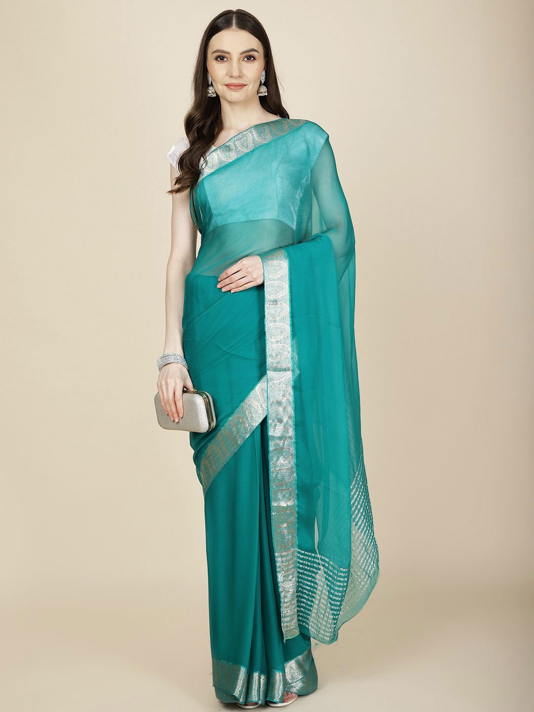 

Meena Bazaar Solid Zari Poly Chiffon Saree, Sea green