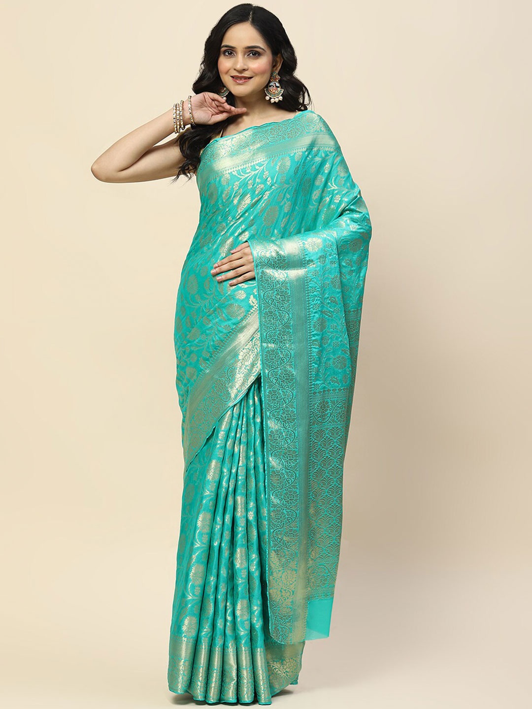 

Meena Bazaar Ethnic Motifs Zari Poly Crepe Saree, Sea green