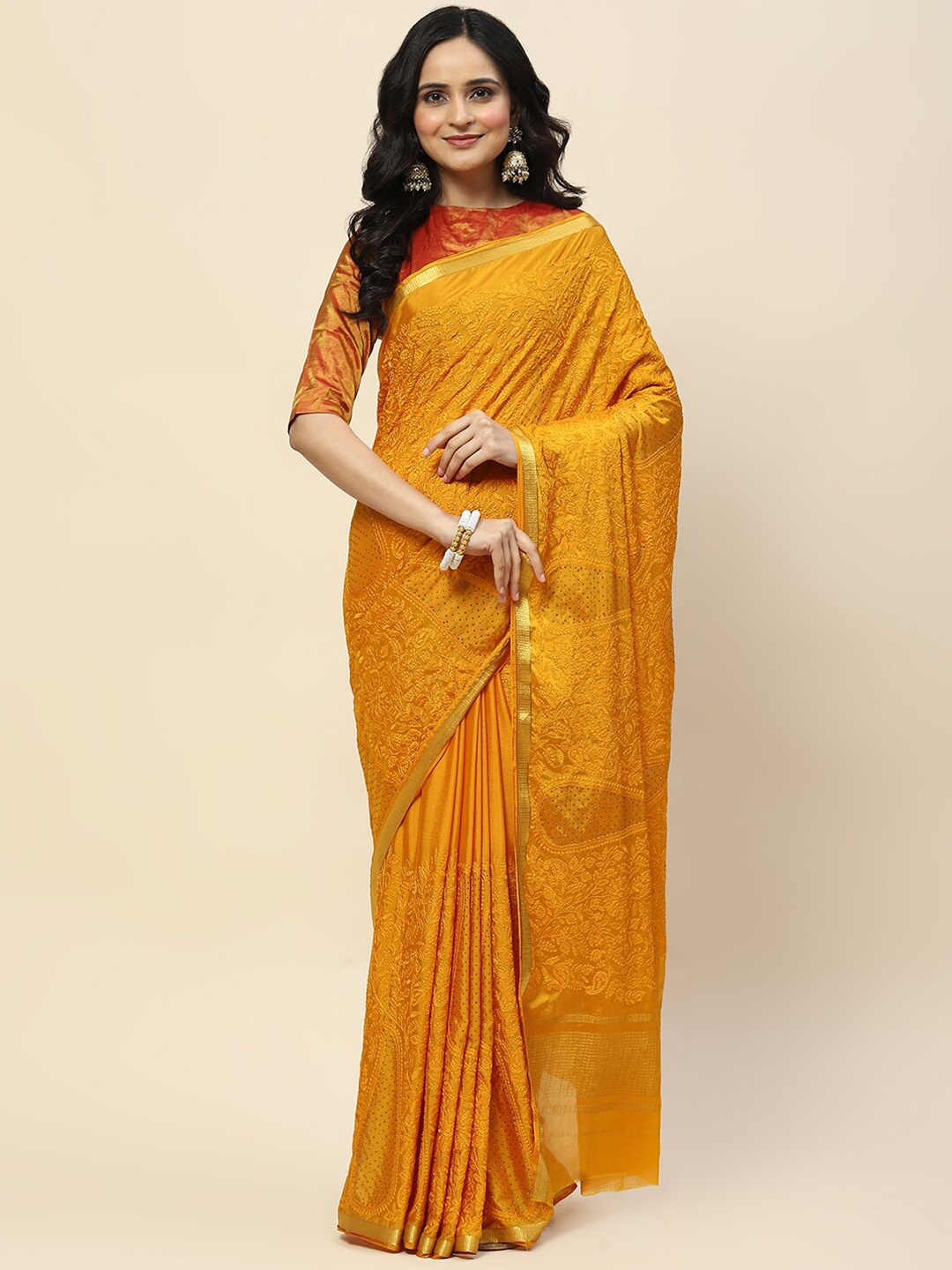 

Meena Bazaar Floral Embroidered Poly Chiffon Saree, Mustard