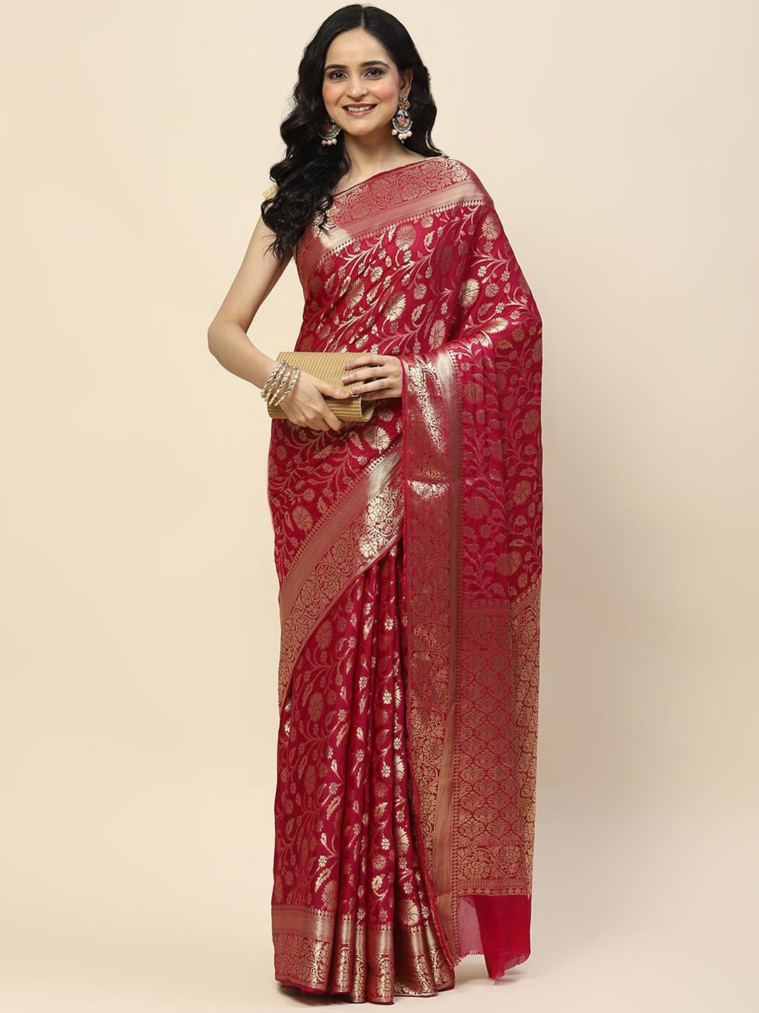 

Meena Bazaar Ethnic Motifs Zari Poly Crepe Saree, Burgundy