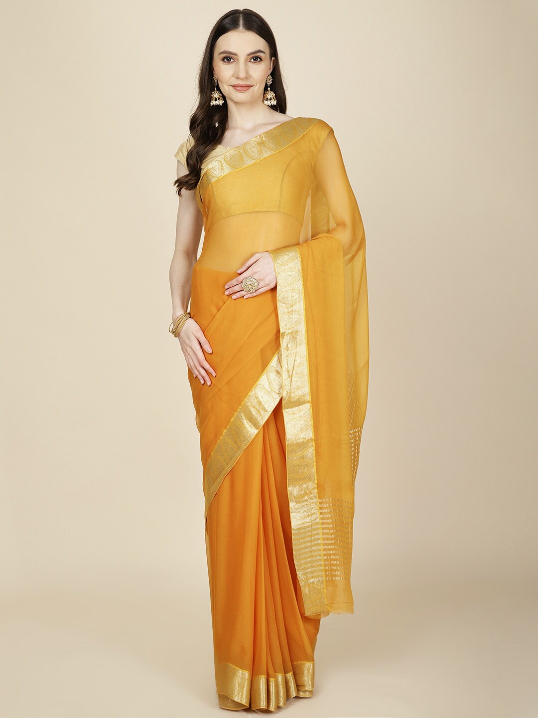 

Meena Bazaar Zari Poly Chiffon Saree, Mustard