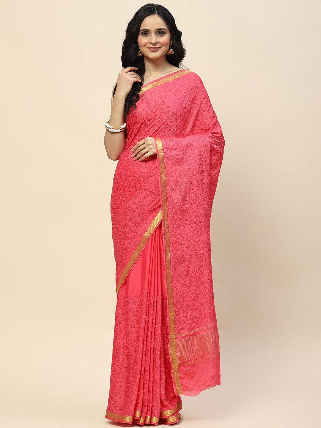 

Meena Bazaar Ethnic Motifs Beads and Stones Poly Chiffon Saree, Pink