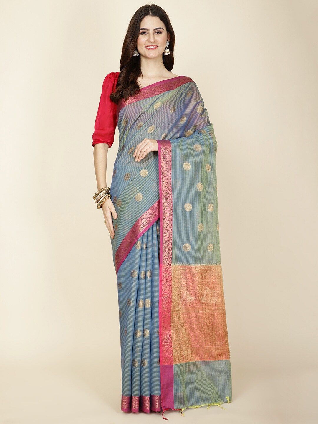 

Meena Bazaar Woven Design Solid Cotton Saree, Blue