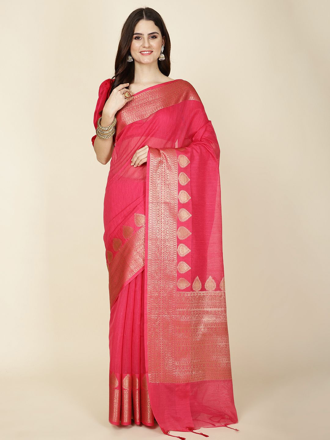 

Meena Bazaar Woven Design Zari Saree With Blouse Piece, Pink