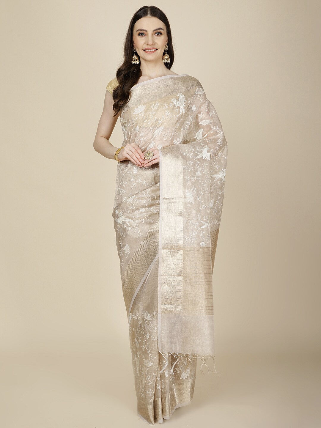

Meena Bazaar Floral Embroidered Saree With Blouse Piece, Beige