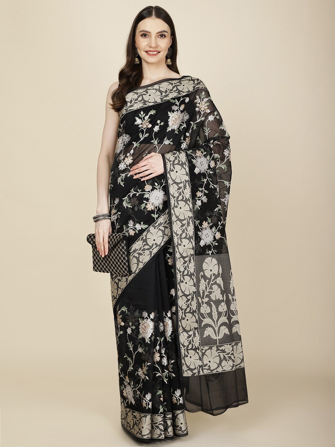 

Meena Bazaar Floral Embroidered Saree With Blouse Piece, Black