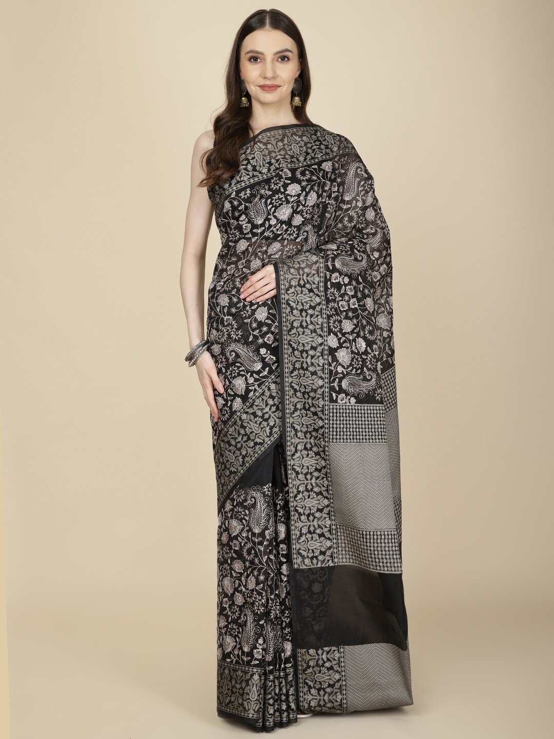 

Meena Bazaar Floral Embroidered Saree, Black