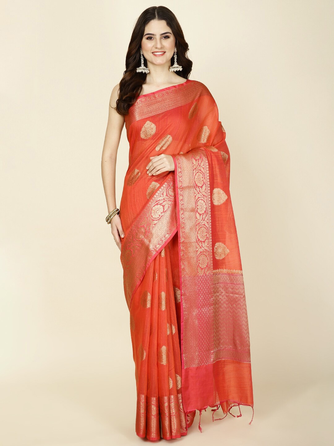 

Meena Bazaar Ethnic Motifs Zari Saree, Orange