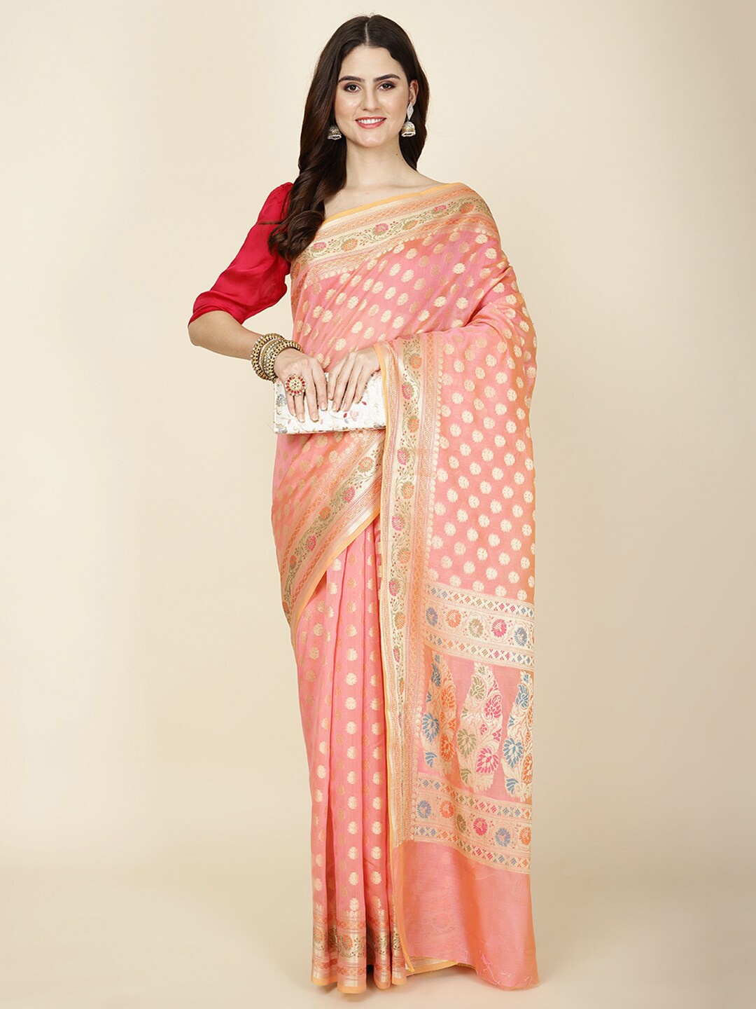 

Meena Bazaar Woven Design Cotton Zari Saree, Pink