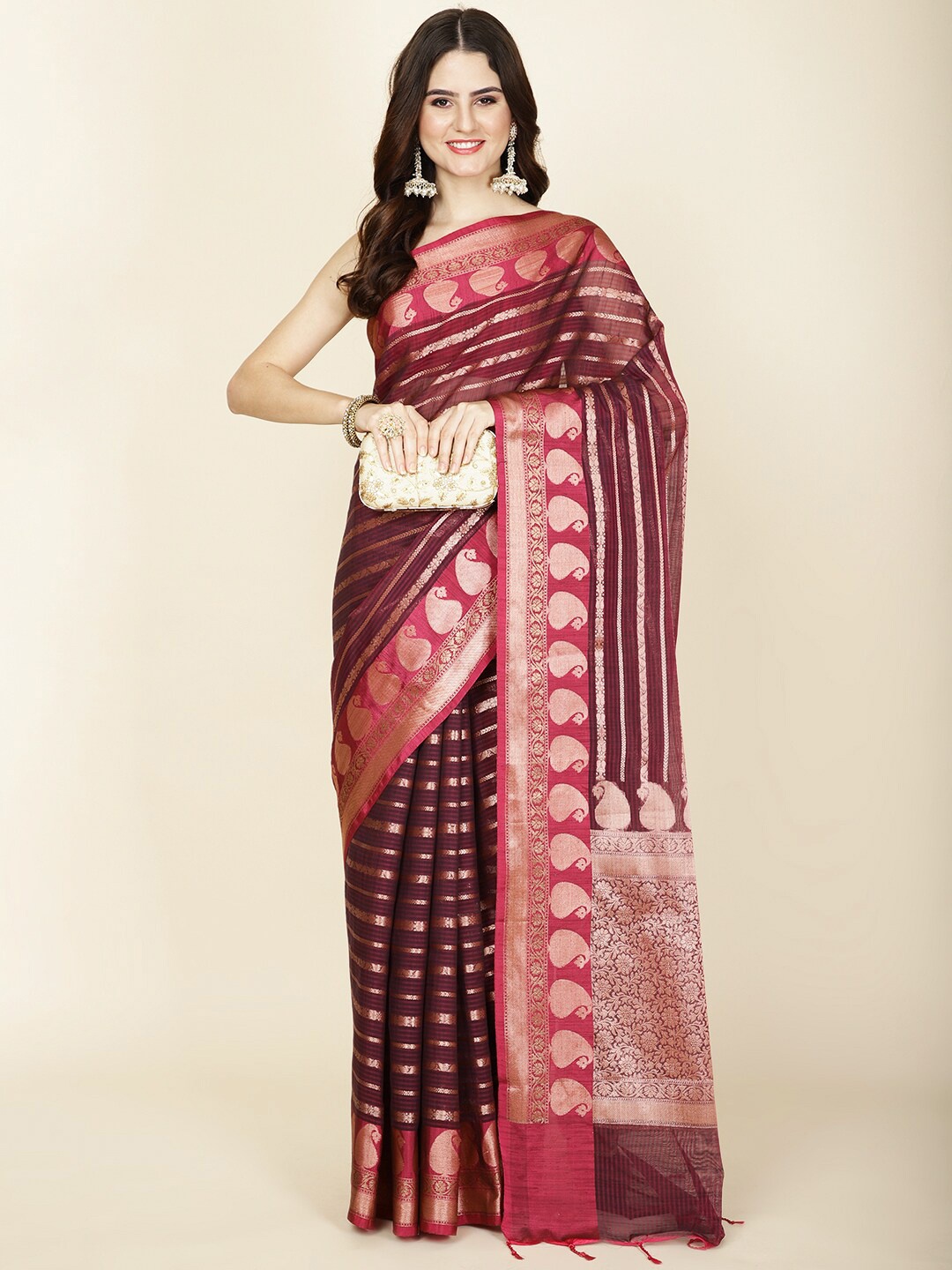 

Meena Bazaar Ethnic Motifs Cotton Saree, Burgundy