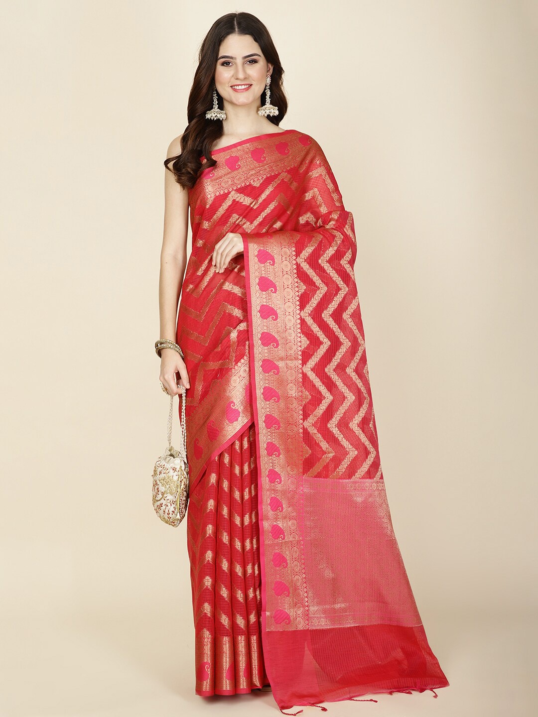 

Meena Bazaar Woven Design Cotton Saree, Red