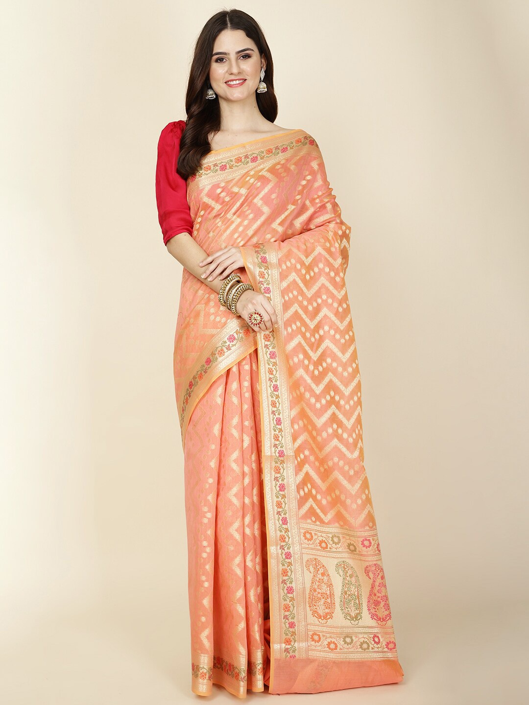 

Meena Bazaar Woven Design Cotton Zari Saree, Peach