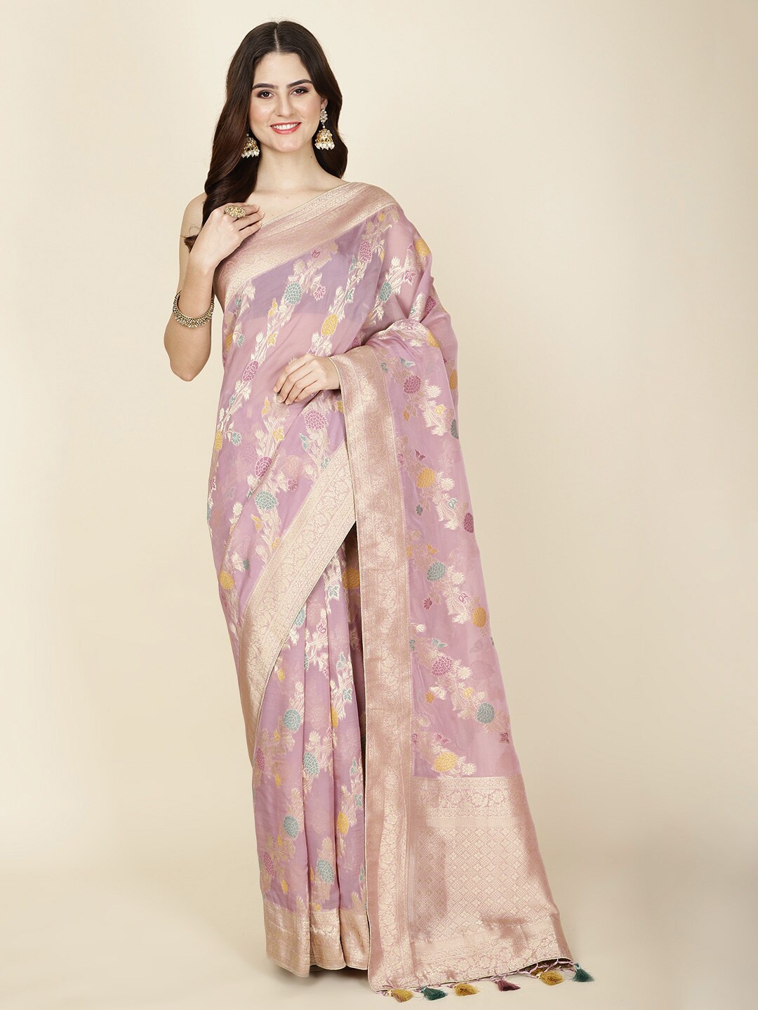 

Meena Bazaar Woven Design Zari Organza Saree With Blouse Piece, Lavender