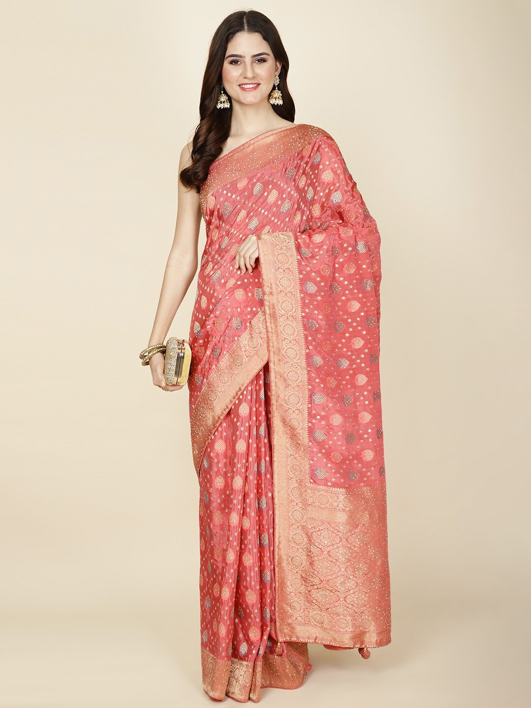 

Meena Bazaar Woven Design Zari Organza Saree, Peach