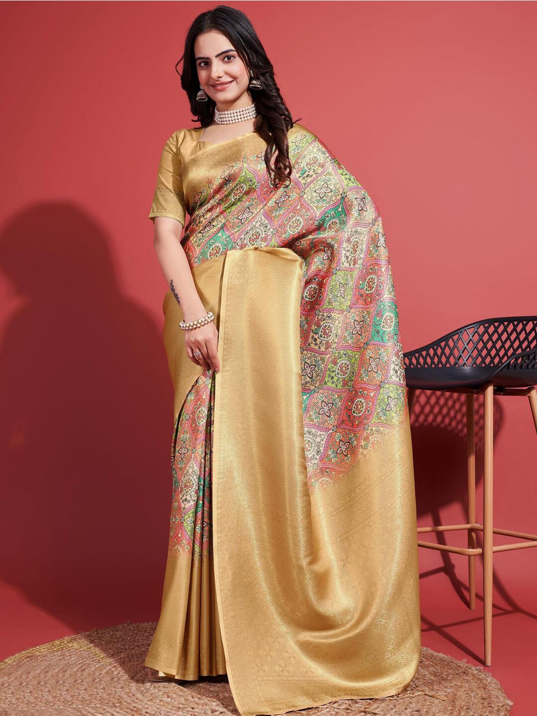 

Meena Bazaar Abstract Printed Art Silk Saree, Gold
