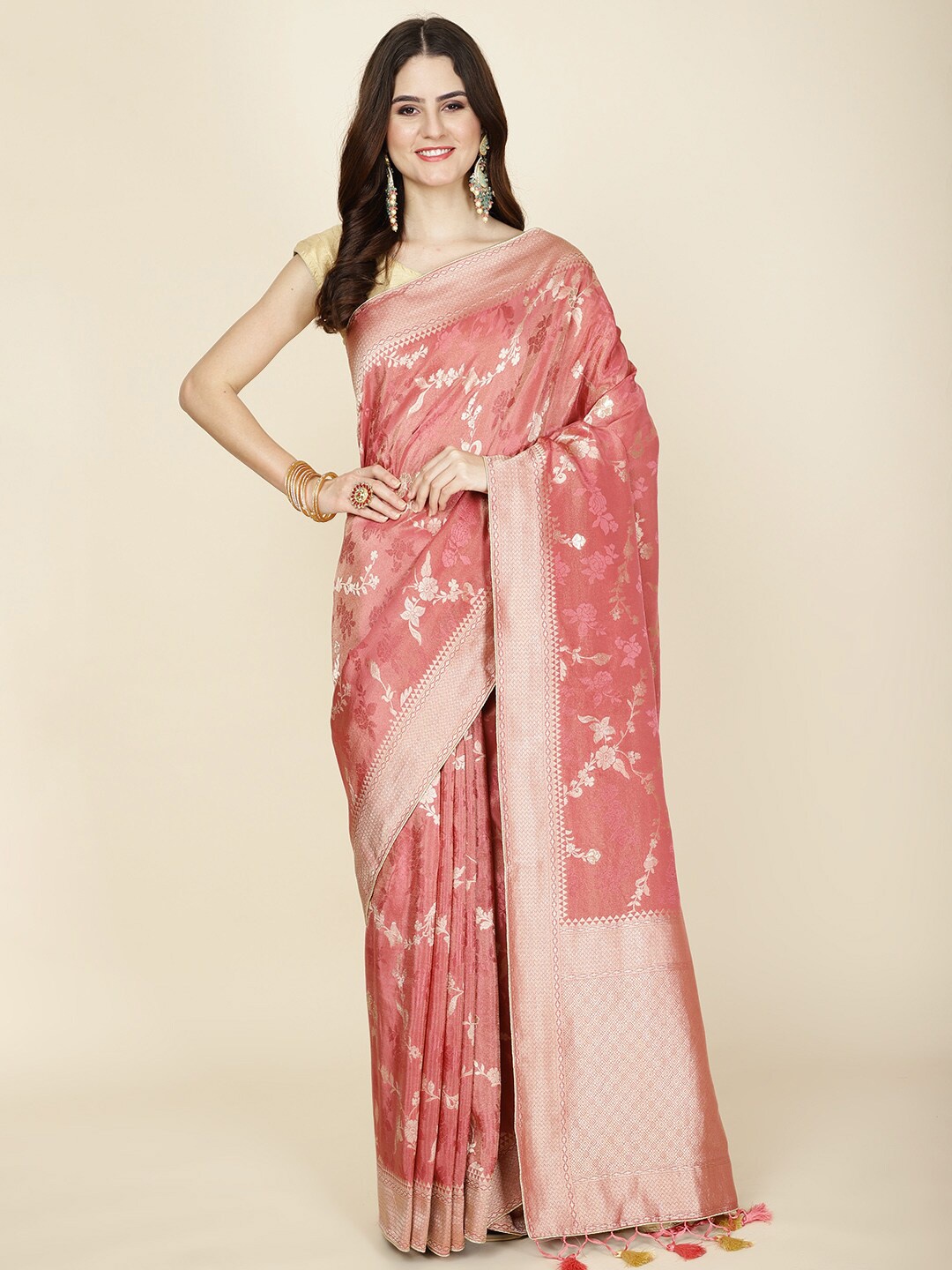 

Meena Bazaar Woven Design Zari Art Silk Banarasi Saree, Coral
