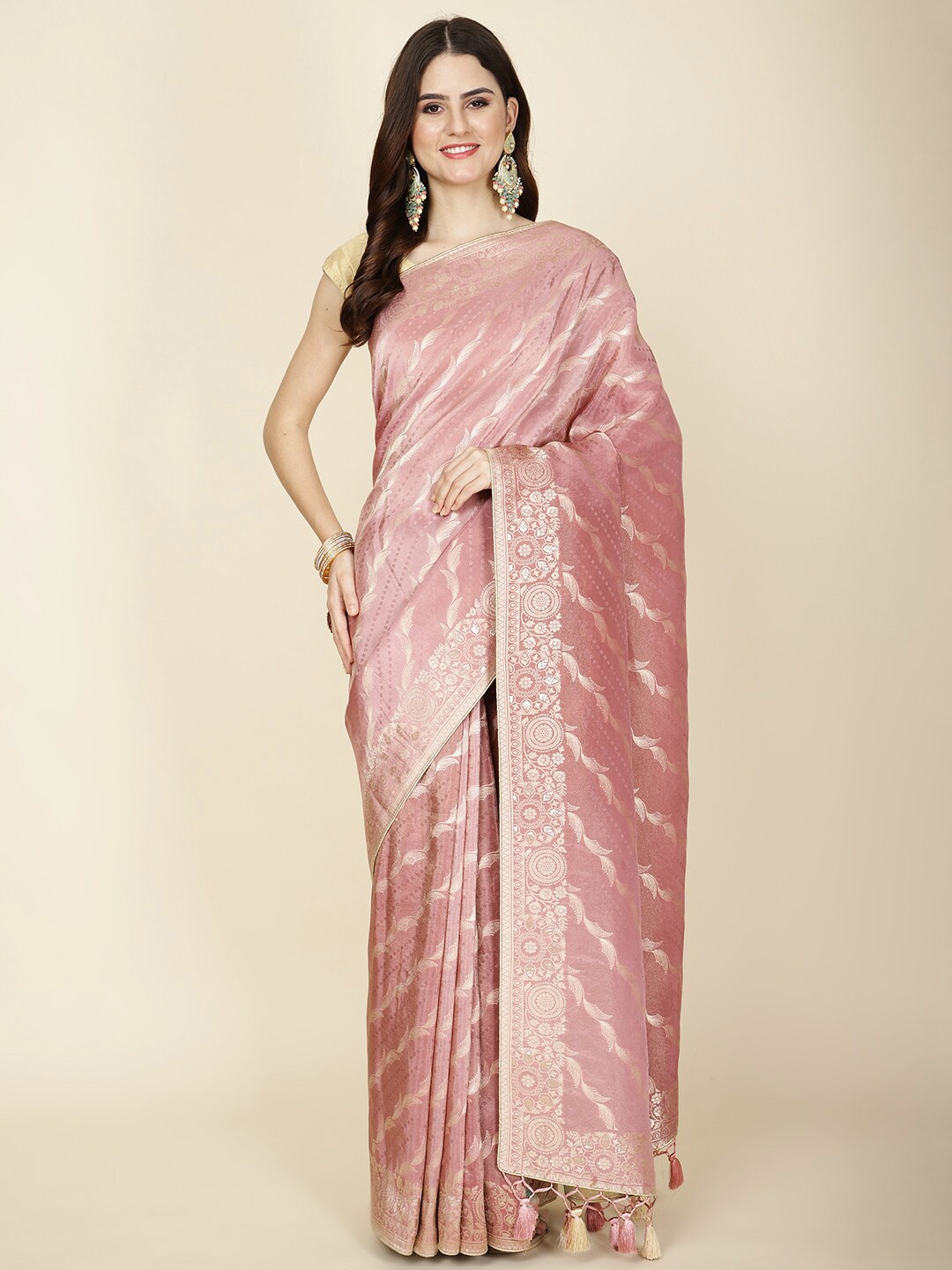 

Meena Bazaar Woven Design Art Silk Banarasi Saree With Blouse Piece, Pink