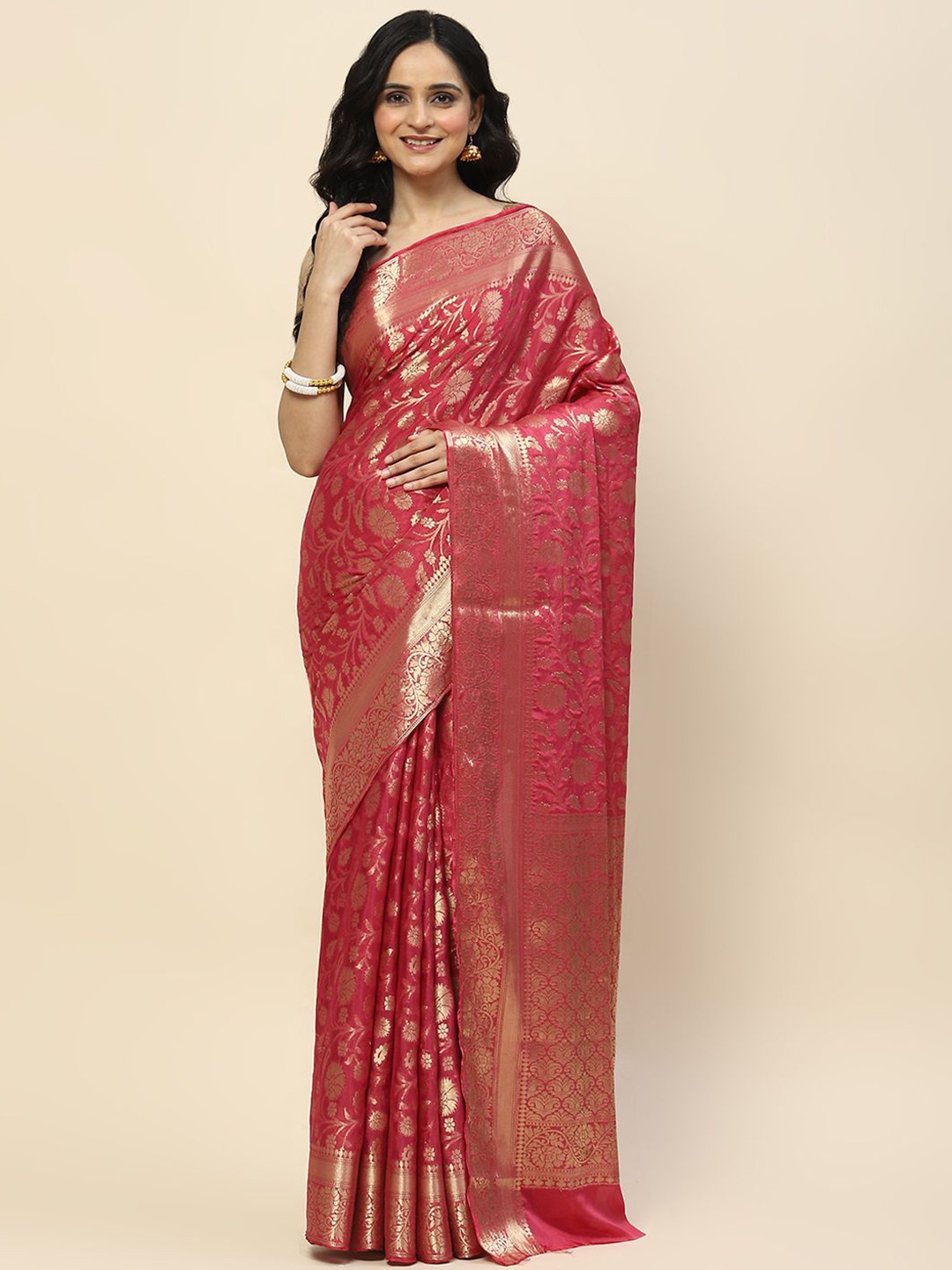 

Meena Bazaar Floral Zari Poly Crepe Saree, Pink