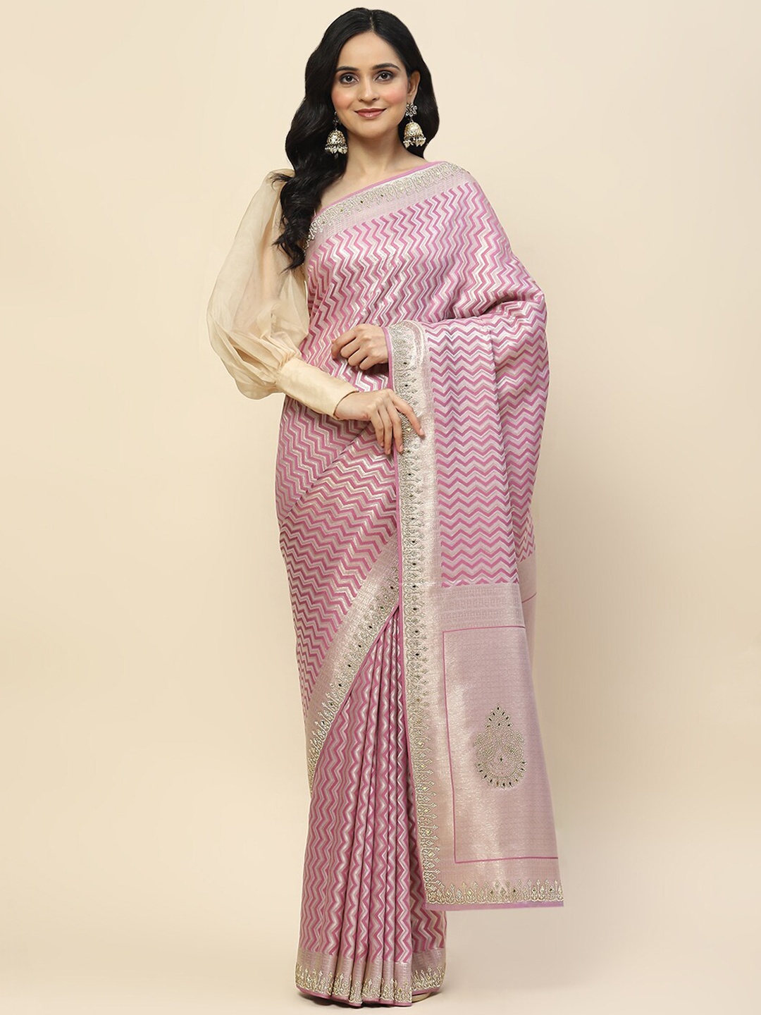 

Meena Bazaar Woven Design Beads and Stones Art Silk Banarasi Saree, Lavender
