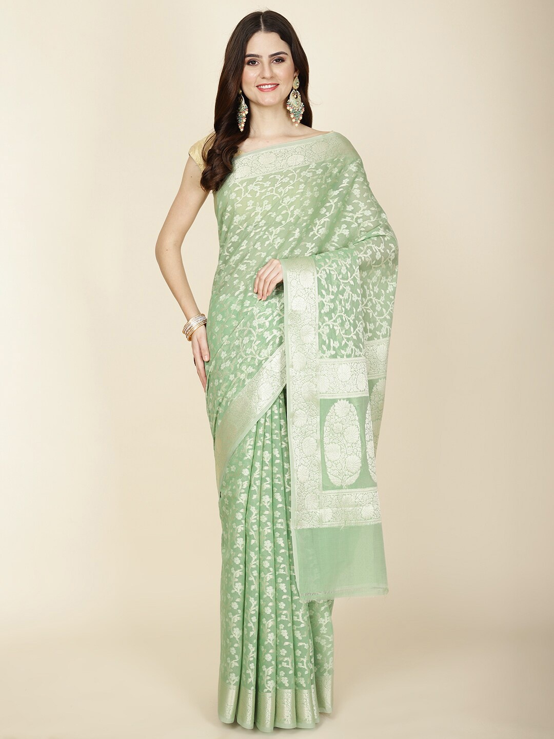 

Meena Bazaar Ethnic Motifs Woven Design Cotton Zari Saree, Green