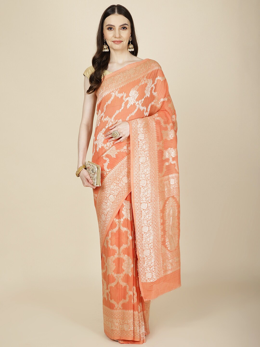 

Meena Bazaar Woven Design Zari Poly Chiffon Saree, Peach