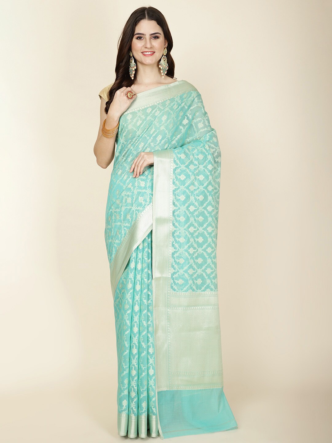 

Meena Bazaar Ethnic Motifs Zari Saree With Blouse Piece, Sea green