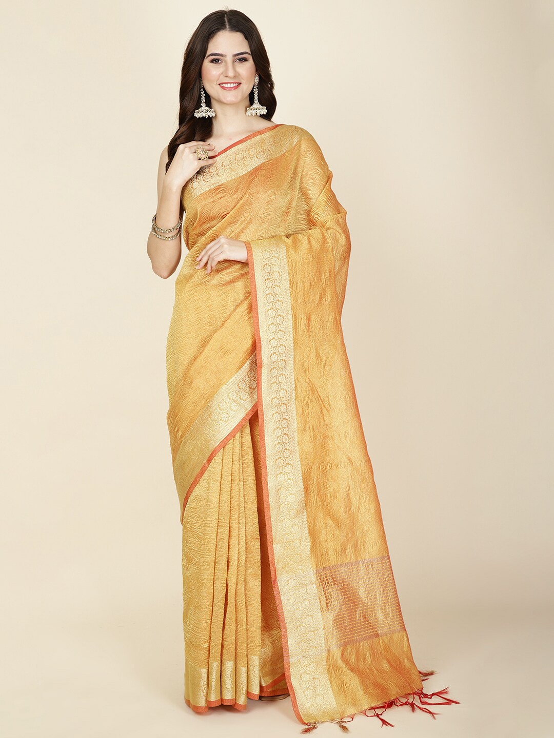 

Meena Bazaar Solid Cotton Zari Saree, Mustard