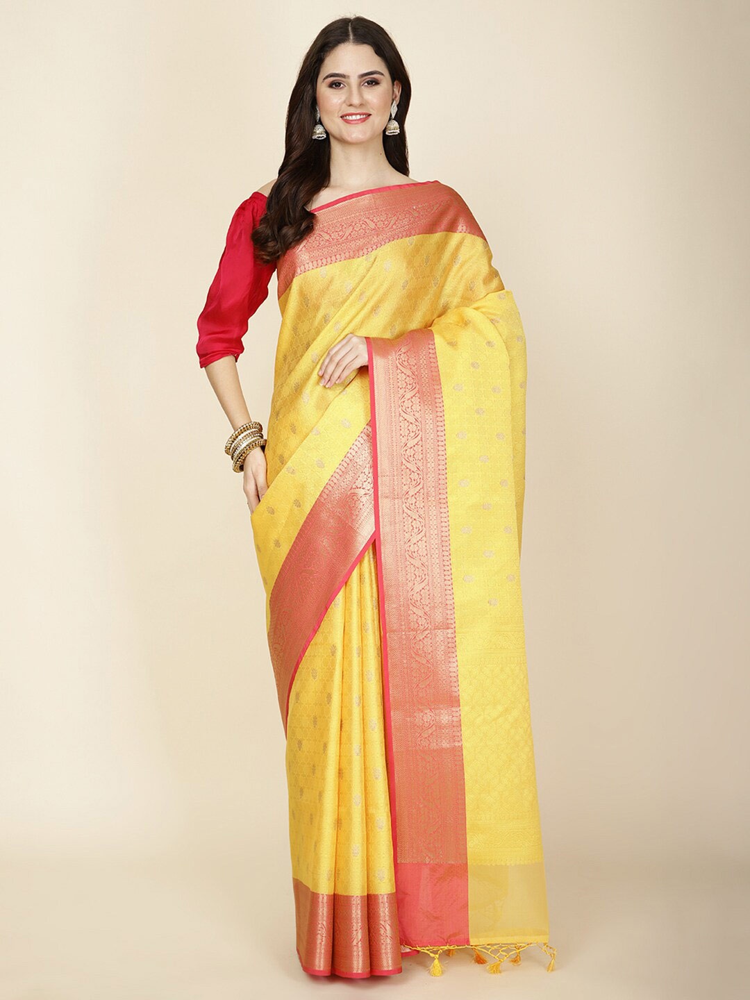 

Meena Bazaar Ethnic Motifs Zari Saree, Yellow