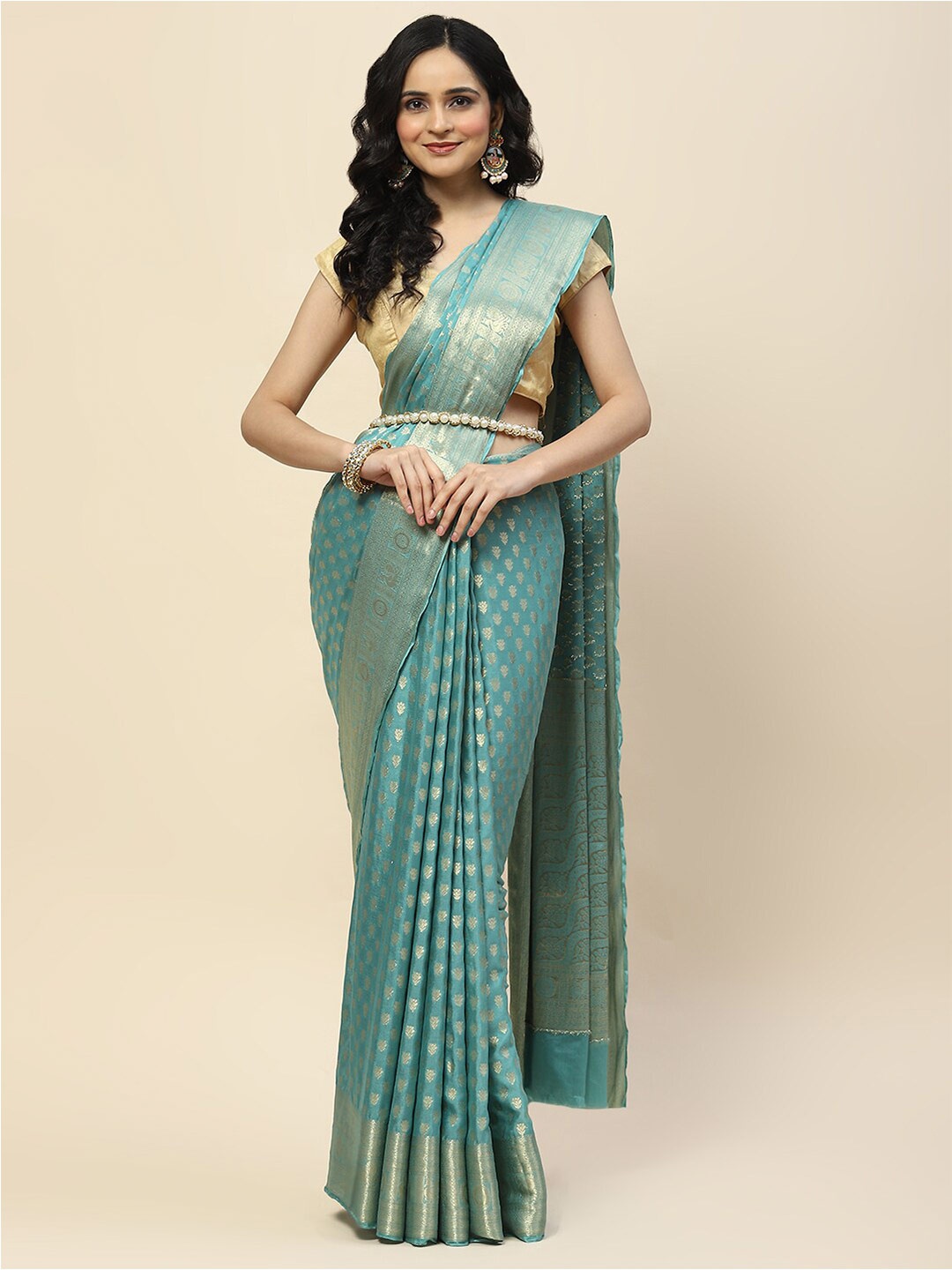 

Meena Bazaar Ethnic Motifs Zari Poly Crepe Saree With Blouse Piece, Sea green