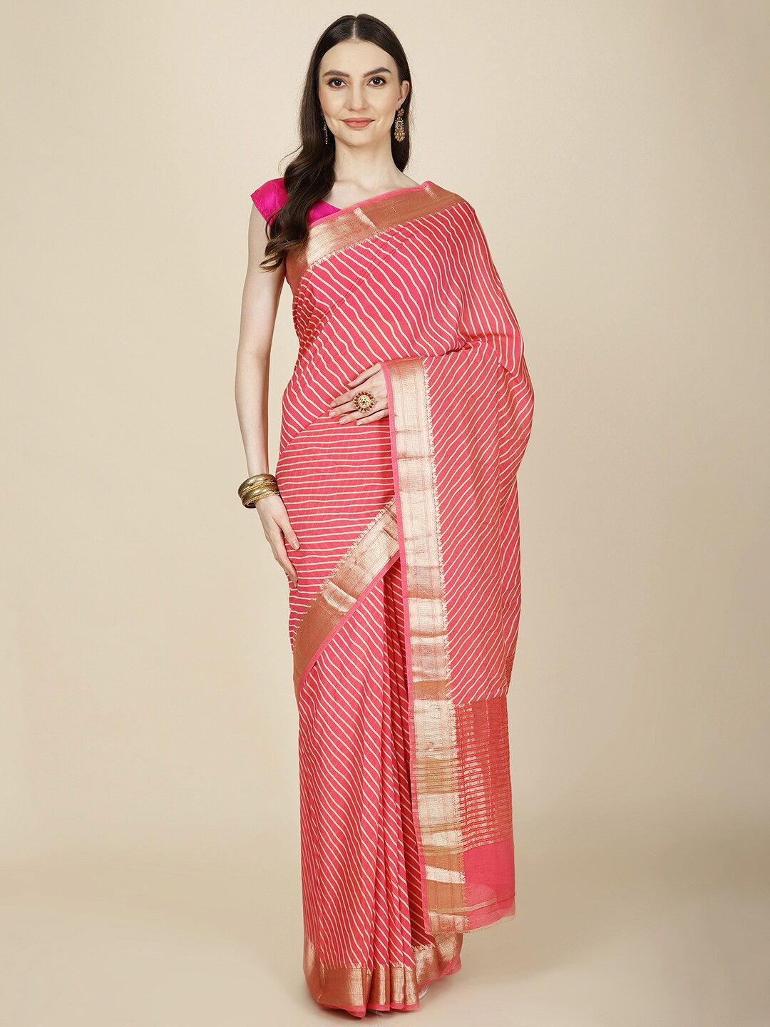 

Meena Bazaar Leheriya Zari Leheriya Saree, Pink