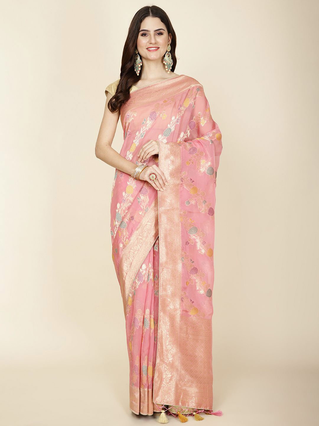 

Meena Bazaar Woven Design Zari Organza Saree, Pink