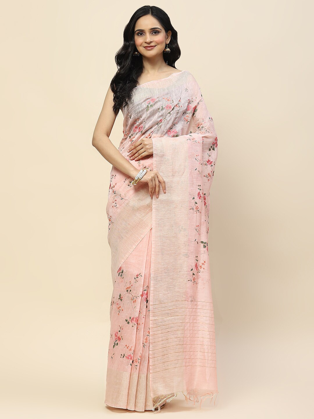 

Meena Bazaar Floral Cotton Zari Saree, Pink