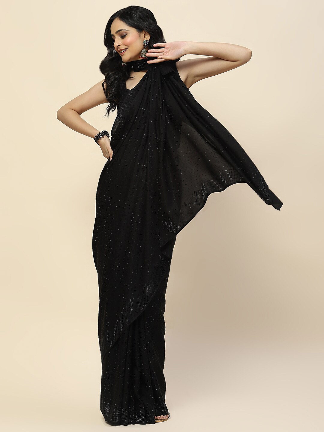 

Meena Bazaar Embellished Beads and Stones Satin Saree, Black