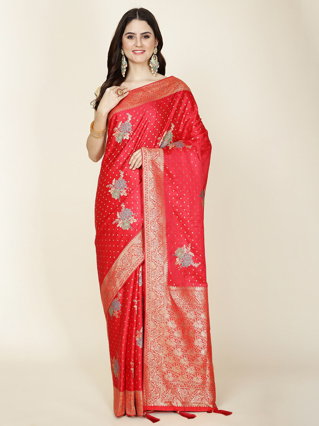 

Meena Bazaar Ethnic Motifs Zari Satin Saree, Red