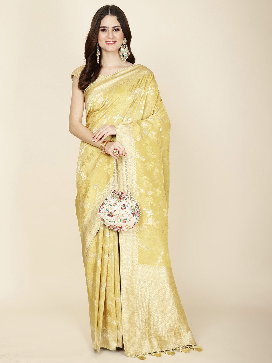 

Meena Bazaar Floral Zari Art Silk Banarasi Saree, Yellow
